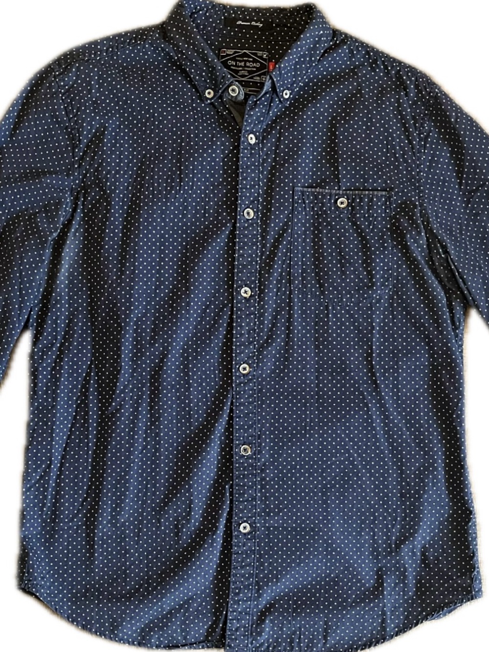 On The Road Slim Fit Navy Blue Micro Dot Button-Down Shirt. Mens size Large.